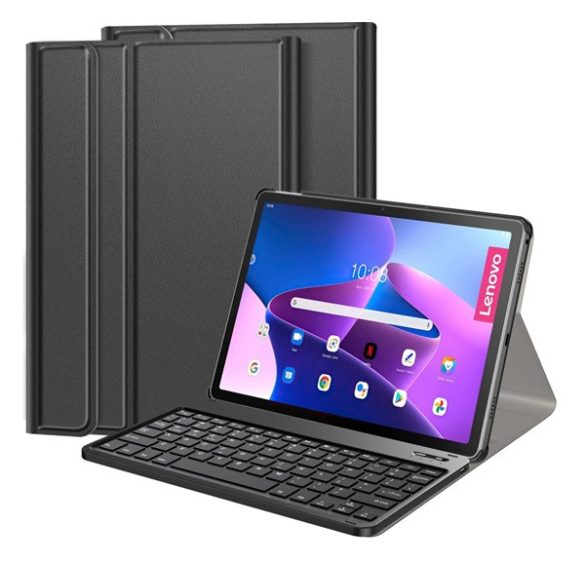 Tok álló, bőr hatású (FLIP, bluetooth billentyűzet, asztali tartó, QWERTY, angol nyelvű, ceruza tartó) FEKETE Lenovo Tab M10 Plus (TB128) LTE, Lenovo Tab M10 Plus (TB125) WIFI