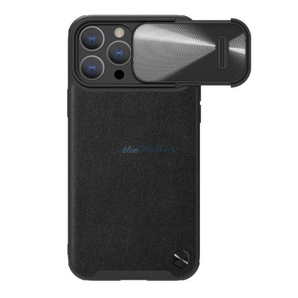 NILLKIN CAMSHIELD LEATHER műanyag telefonvédő (közepesen ütésálló, ECO bőr hatású hátlap, kamera védelem) FEKETE Apple iPhone 14 Pro Max