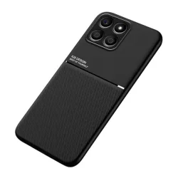   Műanyag telefonvédő (szilikon keret, közepesen ütésálló, beépített fémlemez, bőr hatású hátlap, csíkos minta) FEKETE Honor X6 (2022), Honor X8 5G, Honor 70 Lite 5G