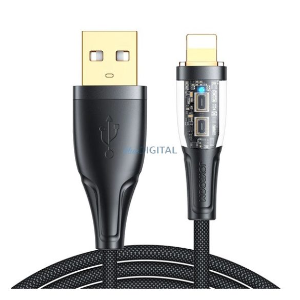 JOYROOM adatkábel (USB - lightning, 2.4A, 20W, gyorstöltő, 120cm, cipőfűző, LED jelzés) FEKETE