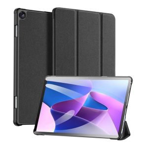 DUX DUCIS DOMO tok álló, bőr hatású (aktív FLIP, oldalra nyíló, TRIFOLD, asztali tartó, textil minta) FEKETE Lenovo Tab M10 (TB-328)