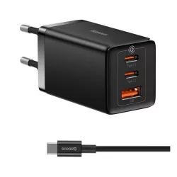   BASEUS hálózati töltő USB+2 Type-C aljzat (65W, PD gyorstöltő + Type-C kábel) FEKETE