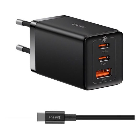 BASEUS hálózati töltő USB+2 Type-C aljzat (65W, PD gyorstöltő + Type-C kábel) FEKETE