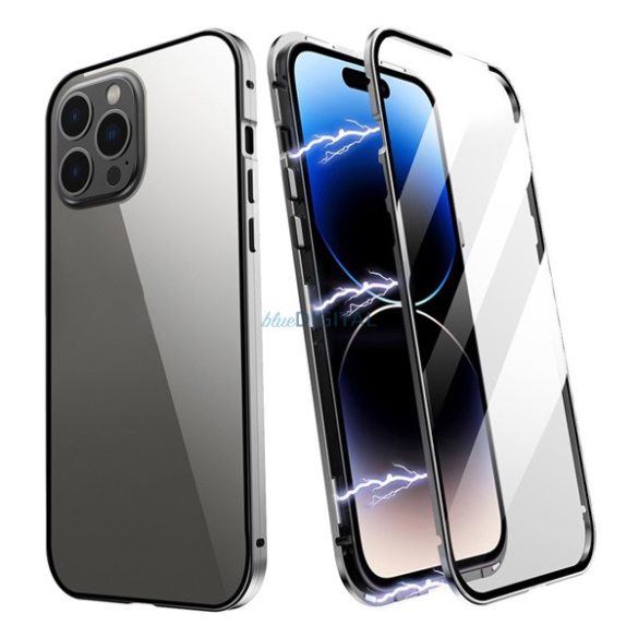 Alumínium telefonvédő (360°-os védelem, mágneses, közepesen ütésálló, edzett üveg előlap, hátlap, 9H) FEKETE Apple iPhone 14 Plus