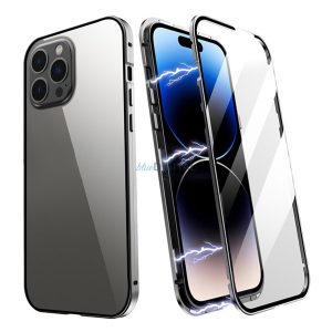 Alumínium telefonvédő (360°-os védelem, mágneses, közepesen ütésálló, edzett üveg előlap, hátlap, 9H) FEKETE Apple iPhone 14 Pro Max