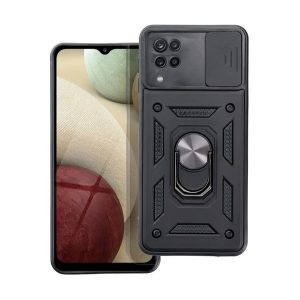 Defender műanyag telefonvédő (ütésállóság, szilikon belső, tartógyűrű, kameravédő) FEKETE Samsung Galaxy A12 (SM-A125F, SM-A127F)