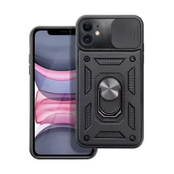   Defender műanyag telefonvédő (közepesen ütésálló, szilikon belső, telefontartó gyűrű, kamera védelem) FEKETE Apple iPhone 11