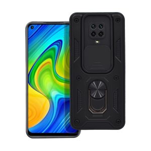 Defender műanyag telefonvédő (ütésállóság, szilikon belső, tartógyűrű, kameravédő) FEKETE Xiaomi Redmi Note 9 Pro, Redmi Note 9S