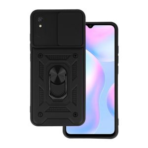 Defender műanyag telefonvédő (közepesen ütésálló, szilikon belső, telefontartó gyűrű, kamera védelem) FEKETE Xiaomi Redmi 9A (Redmi 9 AT)