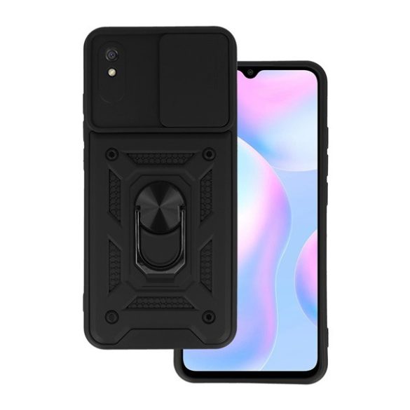 Defender műanyag telefonvédő (közepesen ütésálló, szilikon belső, telefontartó gyűrű, kamera védelem) FEKETE Xiaomi Redmi 9A (Redmi 9 AT)