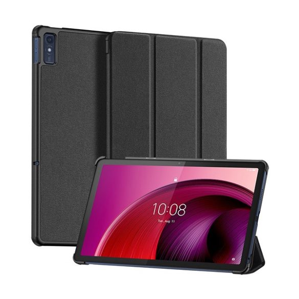 DUX DUCIS DOMO tok álló, bőr hatású (aktív FLIP, oldalra nyíló, TRIFOLD, asztali tartó, textil minta) FEKETE Lenovo Tab M10 5G (TB-X607)