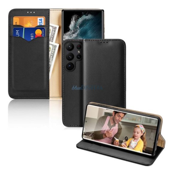 DUX DUCIS HIVO tok álló, valódi bőr (FLIP, oldalra nyíló, asztali tartó funkció, bankkártya tartó, RFID védelem) FEKETE Samsung Galaxy S23 Ultra (SM-S918)