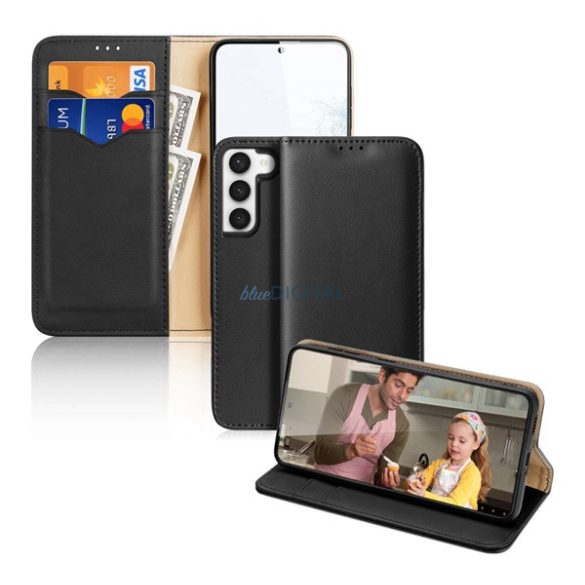 DUX DUCIS HIVO tok álló, valódi bőr (FLIP, oldalra nyíló, asztali tartó funkció, bankkártya tartó, RFID védelem) FEKETE Samsung Galaxy S23 Plus (SM-S916)