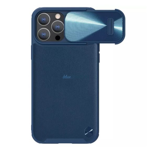 NILLKIN CAMSHIELD LEATHER műanyag telefonvédő (közepesen ütésálló, ECO bőr hatású hátlap, kamera védelem) SÖTÉTKÉK Apple iPhone 14 Pro