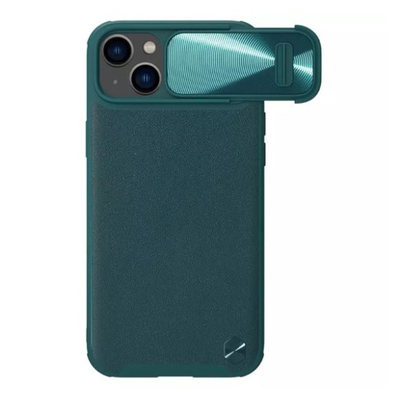 NILLKIN CAMSHIELD LEATHER műanyag telefonvédő (közepesen ütésálló, ECO bőr hatású hátlap, kamera védelem) SÖTÉTZÖLD Apple iPhone 14