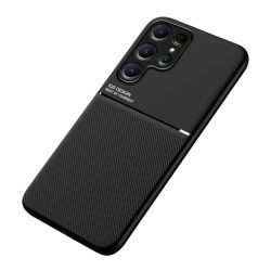   Műanyag telefonvédő (szilikon keret, közepesen ütésálló, beépített fémlemez, bőr hatású hátlap, csíkos minta) FEKETE Samsung Galaxy S23 Ultra (SM-S918)