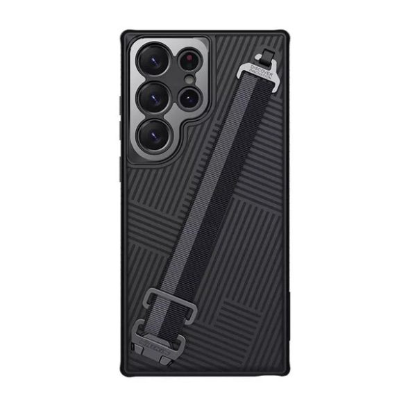 NILLKIN STRAP műanyag telefonvédő (közepesen ütésálló, fém kamera védelem + kézpánt, csíkos minta) FEKETE Samsung Galaxy S23 Ultra (SM-S918)
