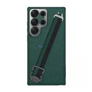 NILLKIN STRAP műanyag telefonvédő (közepesen ütésálló, fém kamera védelem + kézpánt, csíkos minta) SÖTÉTZÖLD Samsung Galaxy S23 Ultra (SM-S918)