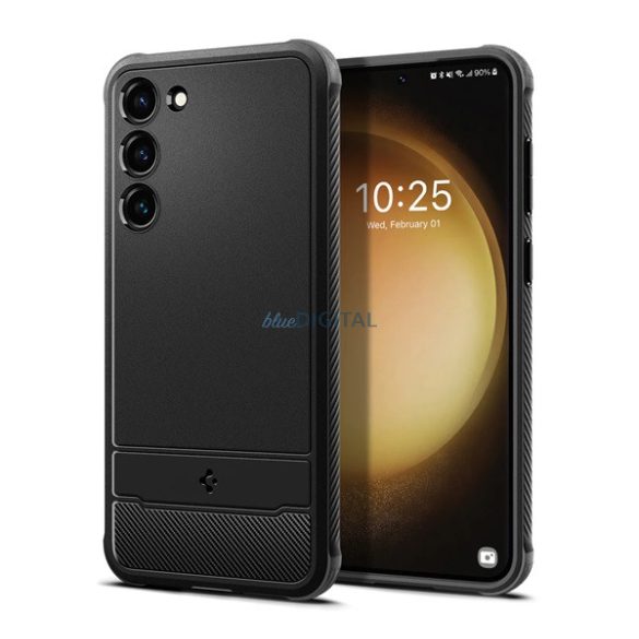 SPIGEN RUGGED ARMOR szilikon telefonvédő (közepesen ütésálló, légpárnás sarok, karbon minta) FEKETE Samsung Galaxy S23 (SM-S911)