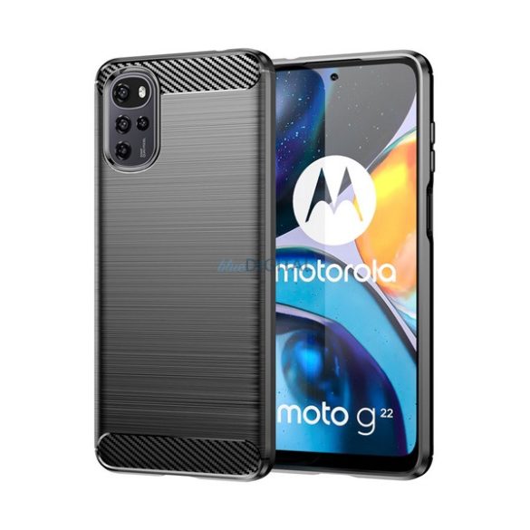 Szilikon telefonvédő (közepesen ütésálló, légpárnás sarok, szálcsiszolt, karbon minta) FEKETE Motorola Moto E32 (XT2227), Motorola Moto E32s (XT2229), Motorola Moto G22 (XT2231)