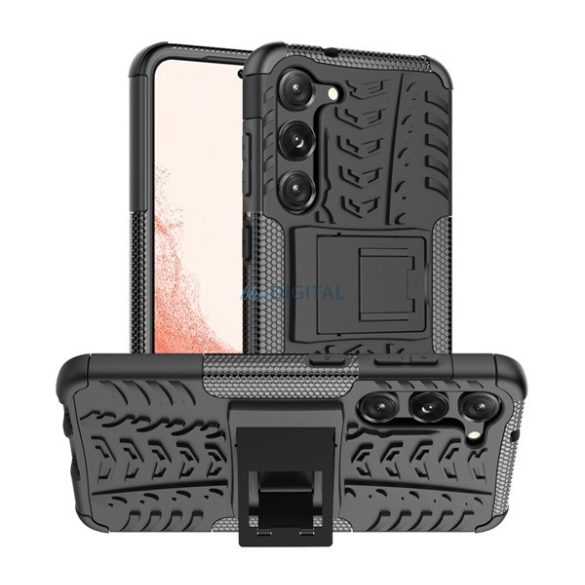 Defender műanyag telefonvédő (közepesen ütésálló, szilikon belső, kitámasztó, autógumi minta) FEKETE Samsung Galaxy S23 (SM-S911)