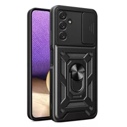   Defender műanyag telefonvédő (közepesen ütésálló, szilikon belső, telefontartó gyűrű, kamera védelem) FEKETE Samsung Galaxy A14 5G (SM-A146), Samsung Galaxy A14 4G (SM-A145)