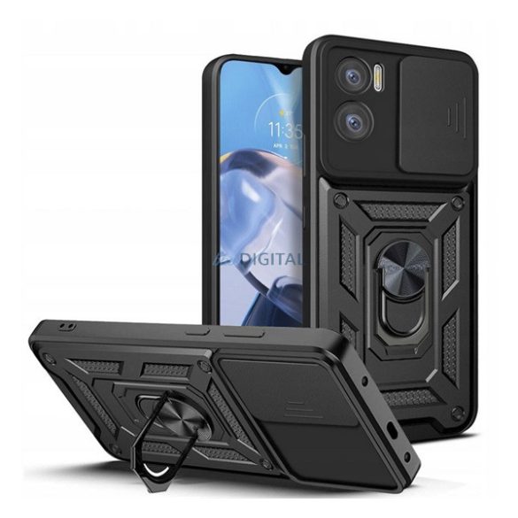 Defender műanyag telefonvédő (közepesen ütésálló, szilikon belső, telefontartó gyűrű, kamera védelem) FEKETE Motorola Moto E22 (XT2239), Motorola Moto E22i