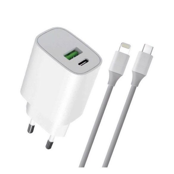 4-OK hálózati töltő USB+Type-C aljzat (20W, PD gyorstöltő 3.0 + lightning kábel) FEHÉR