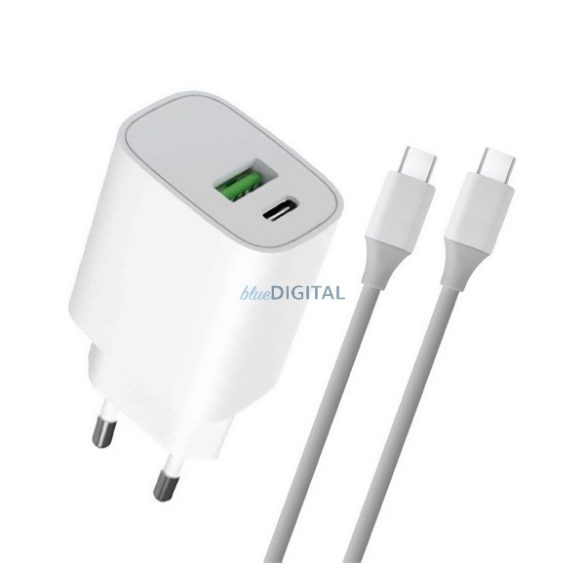 4-OK hálózati töltő USB+Type-C aljzat (20W, PD gyorstöltő 3.0 + Type-C kábel) FEHÉR