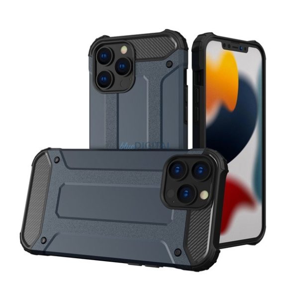 Defender műanyag telefonvédő (közepesen ütésálló, légpárnás sarok, szilikon belső, fémhatás) SÖTÉTKÉK Apple iPhone 14 Pro Max