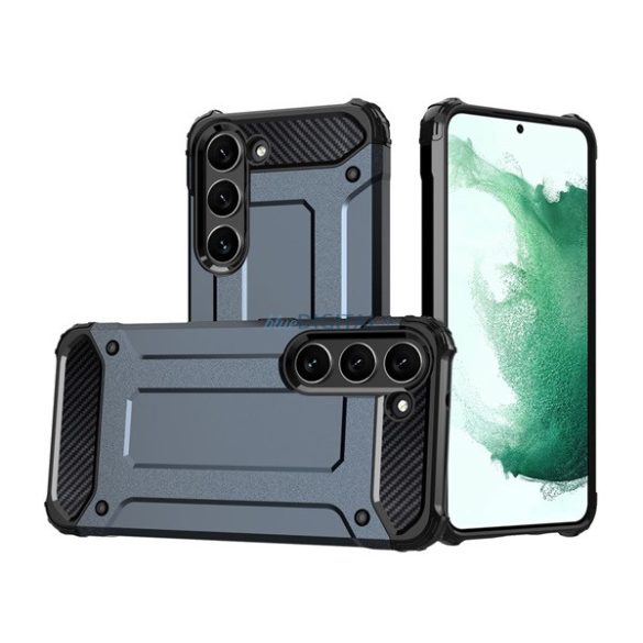 Defender műanyag telefonvédő (közepesen ütésálló, légpárnás sarok, szilikon belső, fémhatás) SÖTÉTKÉK Samsung Galaxy S23 Plus (SM-S916)