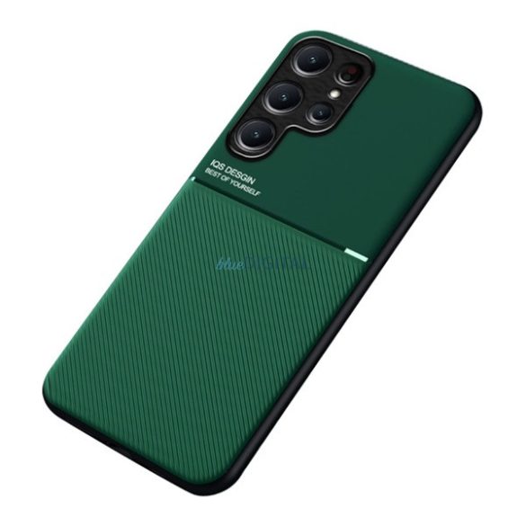 Műanyag telefonvédő (szilikon keret, közepesen ütésálló, beépített fémlemez, bőr hatású hátlap, csíkos minta) SÖTÉTZÖLD Samsung Galaxy S23 Ultra (SM-S918)