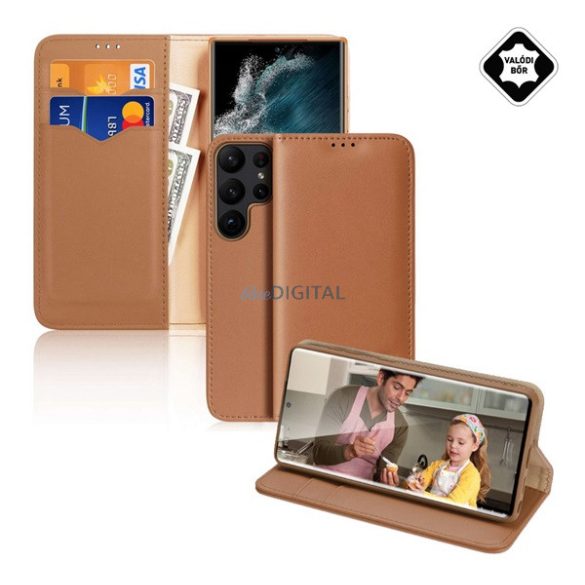 DUX DUCIS HIVO tok álló, valódi bőr (FLIP, oldalra nyíló, asztali tartó funkció, bankkártya tartó, RFID védelem) BARNA Samsung Galaxy S23 Ultra (SM-S918)