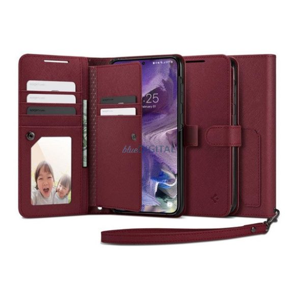 SPIGEN WALLET S PLUS tok álló, bőr hatású (FLIP, oldalra nyíló, textil minta) BURGUNDY Samsung Galaxy S23 (SM-S911)