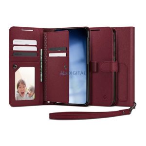 SPIGEN WALLET S PLUS tok álló, bőr hatású (FLIP, oldalra nyíló, textil minta) BURGUNDY Samsung Galaxy S23 Plus (SM-S916)