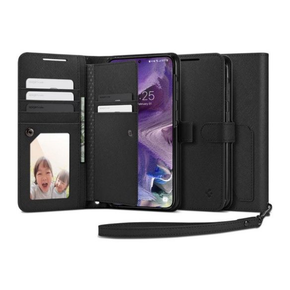 SPIGEN WALLET S PLUS tok álló, bőr hatású (FLIP, oldalra nyíló, textil minta) FEKETE Samsung Galaxy S23 (SM-S911)