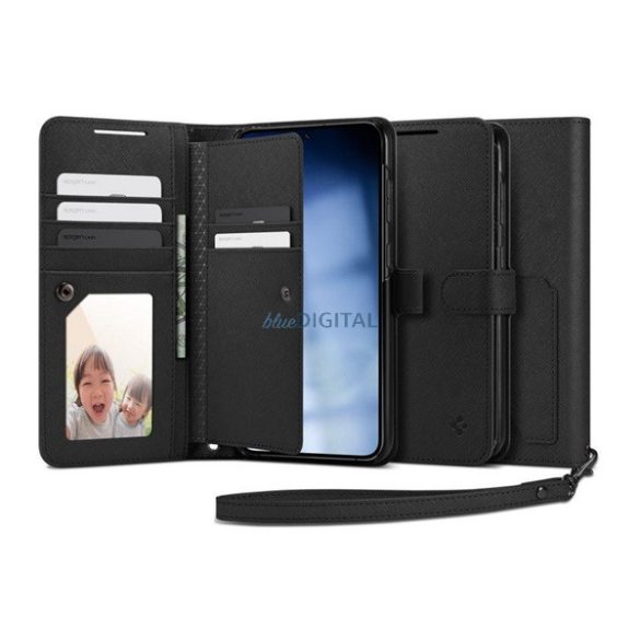 SPIGEN WALLET S PLUS tok álló, bőr hatású (FLIP, oldalra nyíló, textil minta) FEKETE Samsung Galaxy S23 Plus (SM-S916)