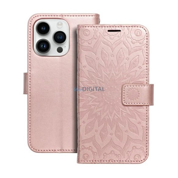 Tok álló, bőr hatású (FLIP, oldalra nyíló, asztali tartó, kézpánt, mandala) ROZÉARANY Apple iPhone 14 Pro