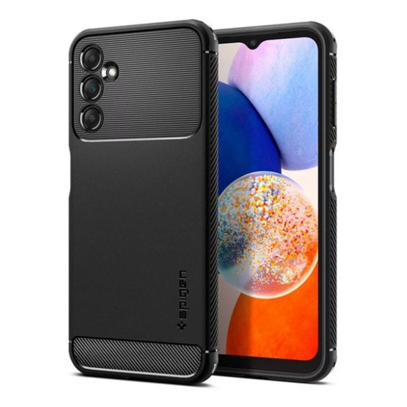 SPIGEN RUGGED ARMOR szilikon telefonvédő (közepesen ütésálló, légpárnás sarok, karbon minta) FEKETE Samsung Galaxy A14 5G (SM-A146), Samsung Galaxy A14 4G (SM-A145)