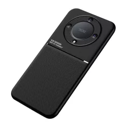   Műanyag telefonvédő (szilikon keret, közepesen ütésálló, beépített fémlemez, bőr hatású hátlap, csíkos minta) FEKETE Honor Magic5 Lite 5G
