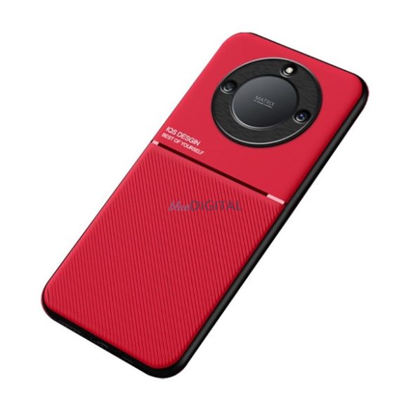 Műanyag telefonvédő (szilikon keret, közepesen ütésálló, beépített fémlemez, bőr hatású hátlap, csíkos minta) PIROS Honor Magic5 Lite 5G