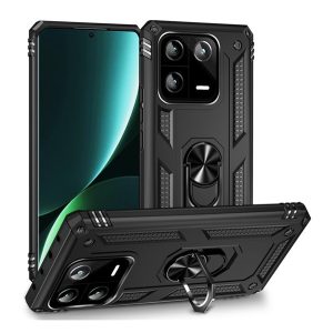 Defender műanyag telefonvédő (közepesen ütésálló, szilikon belső, telefontartó gyűrű, beépített fémlemez) FEKETE Xiaomi 13 Pro