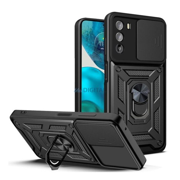 Defender műanyag telefonvédő (közepesen ütésálló, szilikon belső, telefontartó gyűrű, kamera védelem) FEKETE Motorola Moto G82 (XT2225), Motorola Moto G52