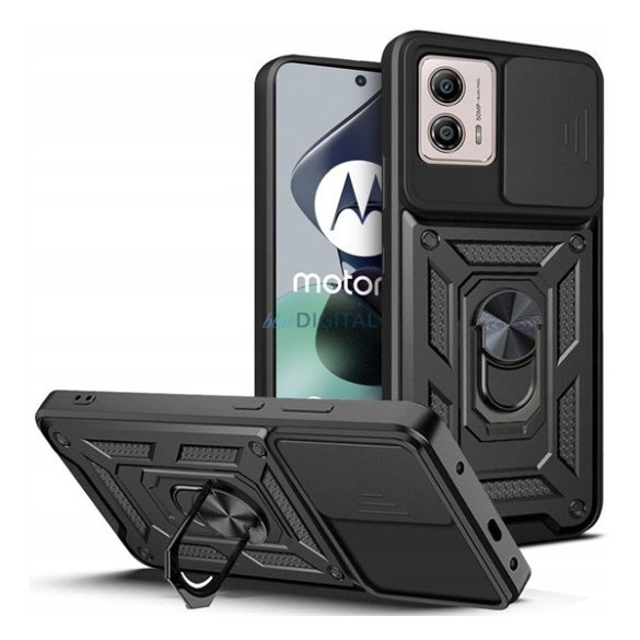 Defender műanyag telefonvédő (közepesen ütésálló, szilikon belső, telefontartó gyűrű, kamera védelem) FEKETE Motorola Moto G53 (XT2335)