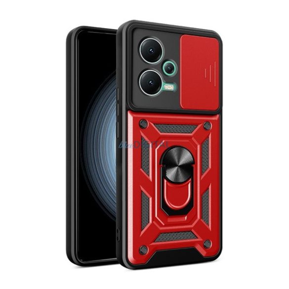 Defender műanyag telefonvédő (közepesen ütésálló, szilikon belső, telefontartó gyűrű, kamera védelem) PIROS Xiaomi Poco X5 5G
