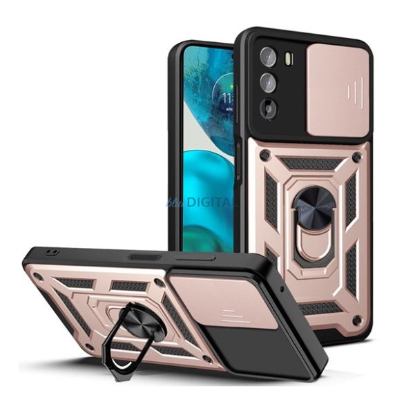 Defender műanyag telefonvédő (közepesen ütésálló, szilikon belső, telefontartó gyűrű, kamera védelem) ROZÉARANY Motorola Moto G82 (XT2225), Motorola Moto G52