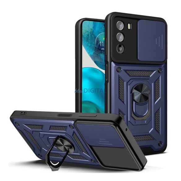 Defender műanyag telefonvédő (közepesen ütésálló, szilikon belső, telefontartó gyűrű, kamera védelem) SÖTÉTKÉK Motorola Moto G82 (XT2225), Motorola Moto G52