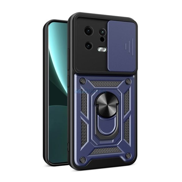 Defender műanyag telefonvédő (közepesen ütésálló, szilikon belső, telefontartó gyűrű, kamera védelem) SÖTÉTKÉK Xiaomi 13
