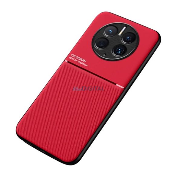 Műanyag telefonvédő (szilikon keret, közepesen ütésálló, beépített fémlemez, bőr hatású hátlap, csíkos minta) PIROS Huawei Mate 50 Pro