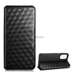   Tok álló, bőr hatású (FLIP, oldalra nyíló, asztali tartó funkció, teljes 3D rombusz minta, prémium) FEKETE Motorola Moto G82 (XT2225), Motorola Moto G52